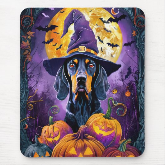Spooky Bluetick Coonhound Halloween Hexenkürbis Mousepad (Vorne)