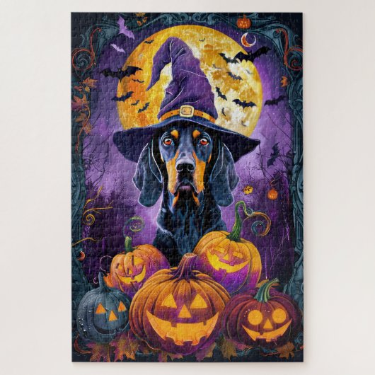 Spooky Bluetick Coonhound Halloween Hexenkürbis Puzzle (Vertikal)