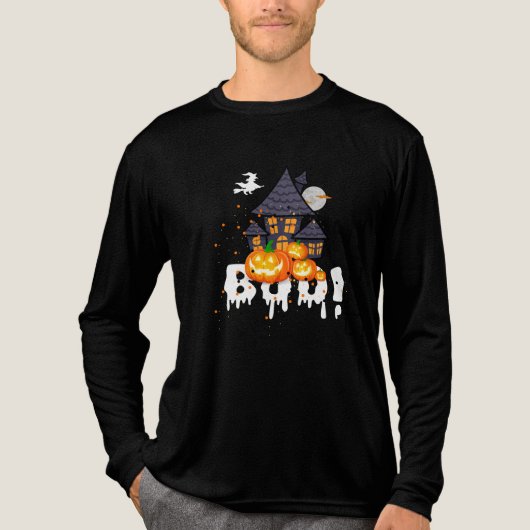 Spooky "BOO!" Halloween-T - Shirt mit Spuk Haus (Vorderseite)