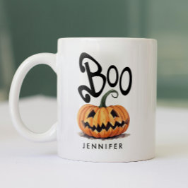 Spooky Boo Orange Black Halloween Pumpkin Name Zweifarbige Tasse