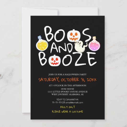 Spooky Boos und Booze Black Adult Halloween-Party Einladung (Vorderseite)