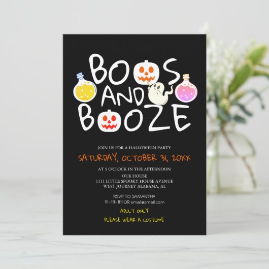 Spooky Boos und Booze Black Adult Halloween-Party Einladung (Stehend Vorderseite)