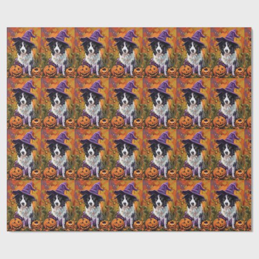 Spooky Border Collie Halloween Hexe und Kürbis Geschenkpapier (Flach)
