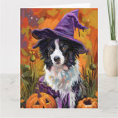 Spooky Border Collie Halloween Hexe und Kürbis Karte (Vorderseite)