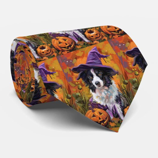 Spooky Border Collie Halloween Hexe und Kürbis Krawatte (Gerollt)