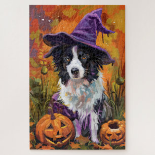 Spooky Border Collie Halloween Hexe und Kürbis Puzzle