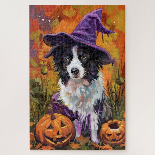 Spooky Border Collie Halloween Hexe und Kürbis Puzzle (Vertikal)