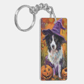 Spooky Border Collie Halloween Hexe und Kürbis Schlüsselanhänger (Vorderseite links)