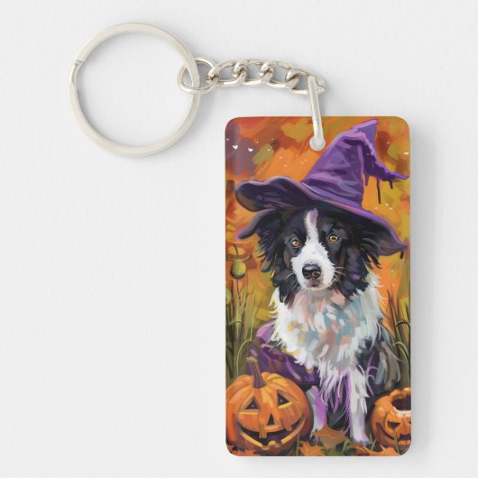 Spooky Border Collie Halloween Hexe und Kürbis Schlüsselanhänger (Vorderseite)