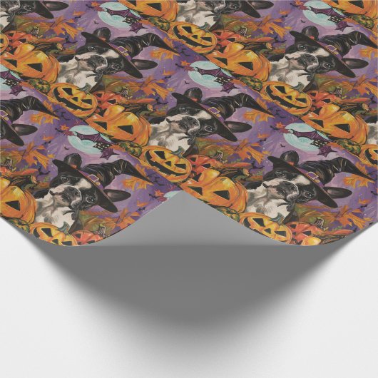 Spooky Boston Terrier Halloween Hexe und Pumpkin Geschenkpapier (Ecke)