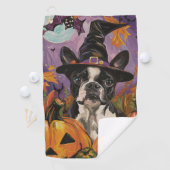 Spooky Boston Terrier Halloween Hexe und Pumpkin Golfhandtuch (Insitu)