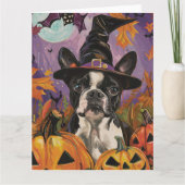 Spooky Boston Terrier Halloween Hexe und Pumpkin Karte (Vorderseite)