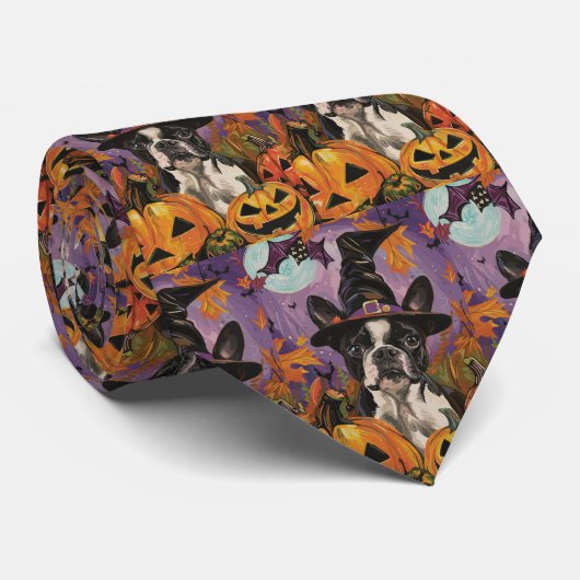 Spooky Boston Terrier Halloween Hexe und Pumpkin Krawatte (Gerollt)