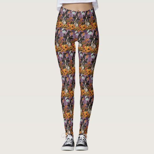 Spooky Boston Terrier Halloween Hexe und Pumpkin Leggings (Vorderseite)