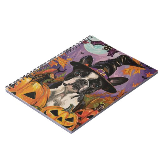 Spooky Boston Terrier Halloween Hexe und Pumpkin Notizblock (Linke Seite)