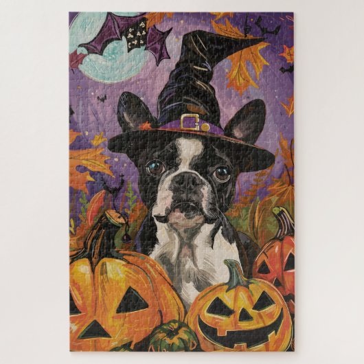 Spooky Boston Terrier Halloween Hexe und Pumpkin Puzzle (Vertikal)