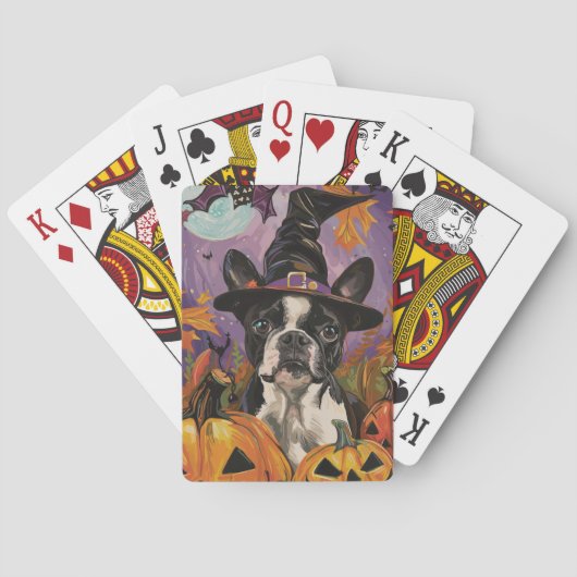 Spooky Boston Terrier Halloween Hexe und Pumpkin Spielkarten (Rückseite)