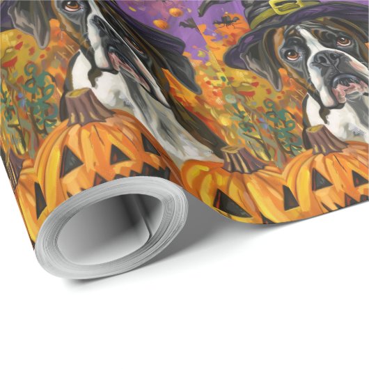 Spooky Boxer Halloween Hexe und Kürbis Geschenkpapier (Rolleneckpunkt)