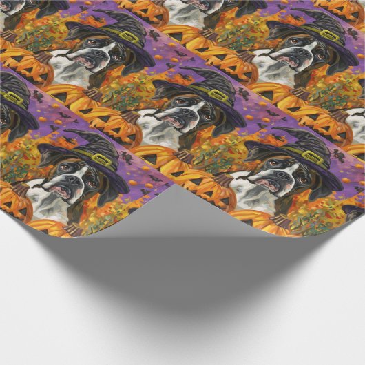 Spooky Boxer Halloween Hexe und Kürbis Geschenkpapier (Ecke)