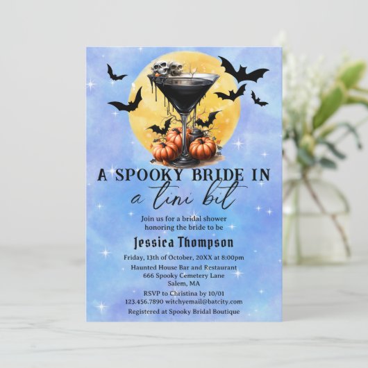 Spooky Bridge in einem Tini-Bit Martini-Brautparty Einladung (Stehend Vorderseite)