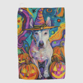 Spooky Bull Terrier Halloween Hexe und Pumpkin Golfhandtuch (Vorderseite)