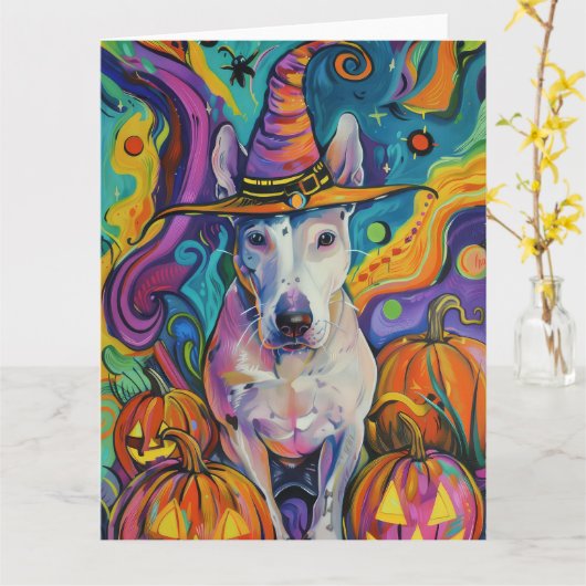 Spooky Bull Terrier Halloween Hexe und Pumpkin Karte (Gelbe Blume)