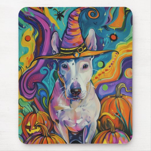 Spooky Bull Terrier Halloween Hexe und Pumpkin Mousepad (Vorne)