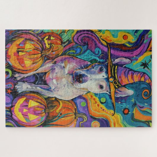 Spooky Bull Terrier Halloween Hexe und Pumpkin Puzzle (Horizontal)