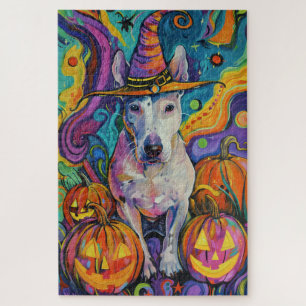 Spooky Bull Terrier Halloween Hexe und Pumpkin Puzzle