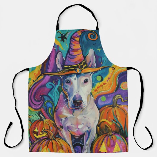 Spooky Bull Terrier Halloween Hexe und Pumpkin Schürze (Vorderseite)