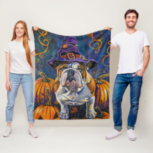 Spooky Bulldog Halloween Hexe und Kürbis Fleecedecke