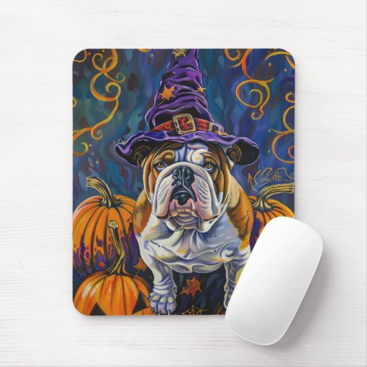 Spooky Bulldog Halloween Hexe und Kürbis Mousepad (Mit Mouse)