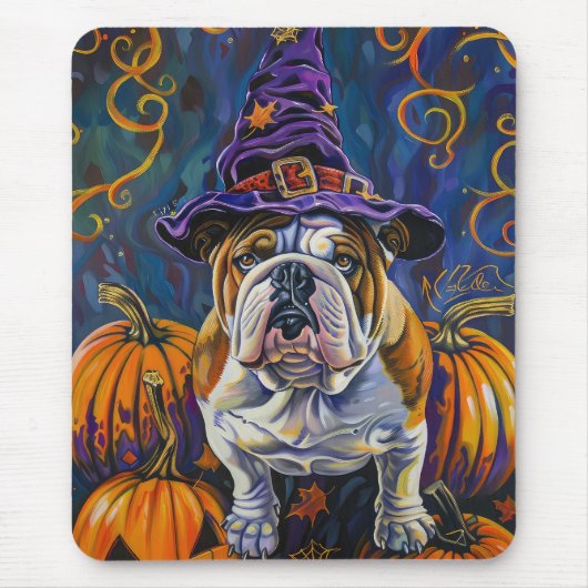 Spooky Bulldog Halloween Hexe und Kürbis Mousepad (Vorne)