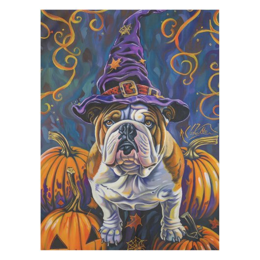 Spooky Bulldog Halloween Hexe und Kürbis Tischdecke (Vorderseite)
