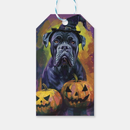 Spooky Bullmastiff Hund Halloween Hexe und Pumpkin Geschenkanhänger (Vorderseite)