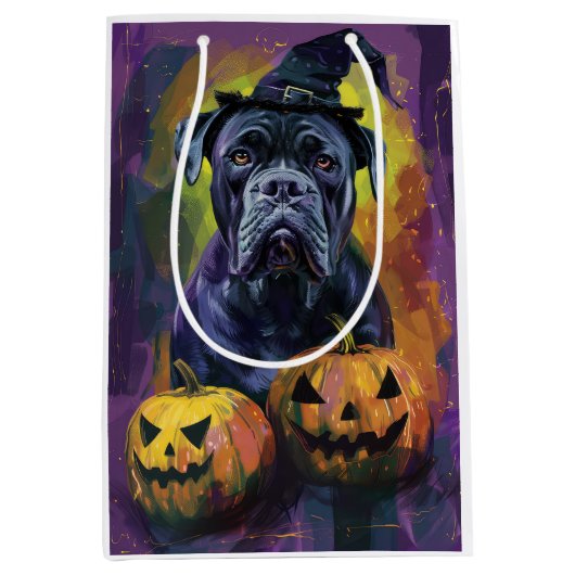 Spooky Bullmastiff Hund Halloween Hexe und Pumpkin Mittlere Geschenktüte (Vorderseite)