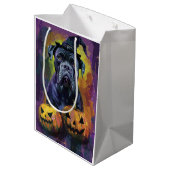 Spooky Bullmastiff Hund Halloween Hexe und Pumpkin Mittlere Geschenktüte (Rückseite Schrägansicht)