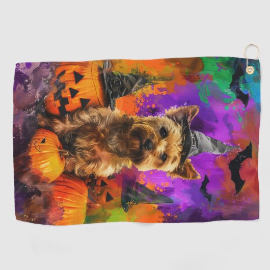 Spooky Cairn Terrier Dog Halloween Hexenkürbis Golfhandtuch (Horizontal)