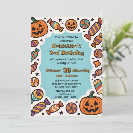 Spooky Candy Jack-o''Lantern Halloween Einladung (Stehend Vorderseite)
