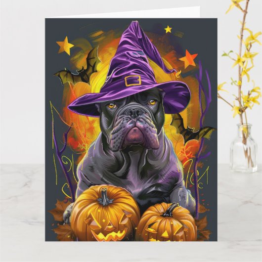 Spooky Cane Corso Hund Halloween Hexe und Pumpkin Karte (Gelbe Blume)