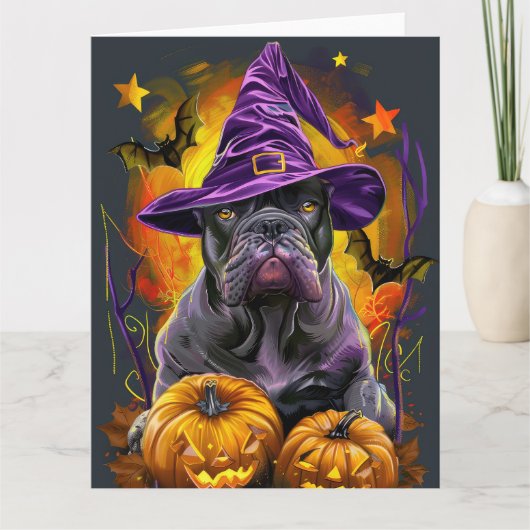 Spooky Cane Corso Hund Halloween Hexe und Pumpkin Karte (Vorderseite)
