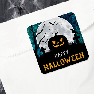 Spooky Carved Pumpkin Graveyard Halloween-Party Quadratischer Aufkleber