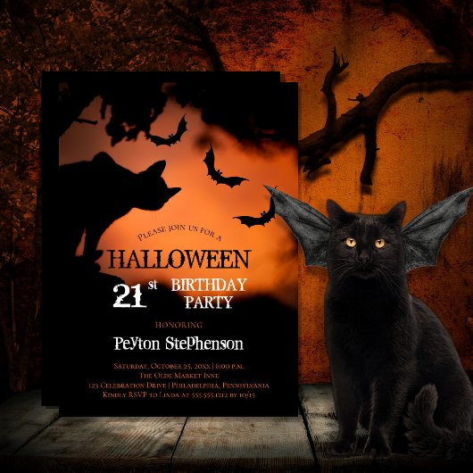 Spooky Cat | Fledermäuse Halloween 21. Geburtstag Einladung
