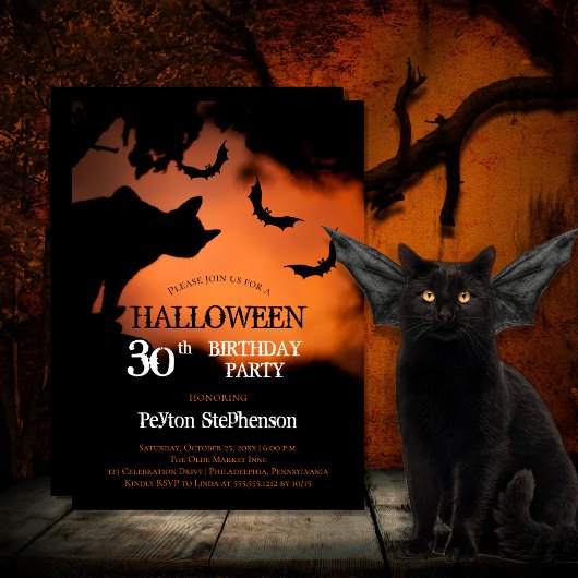 Spooky Cat | Fledermäuse Halloween 30. Geburtstag Einladung