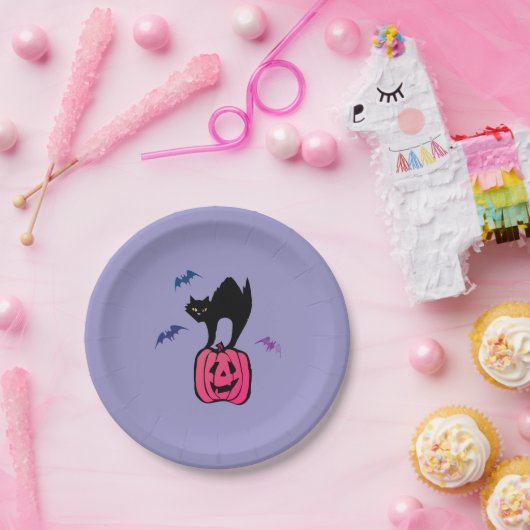 Spooky Cat Halloween Pumpkin Pop Art Pappteller (Party)
