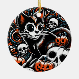 Spooky Cat mit Skullen Keramik Ornament