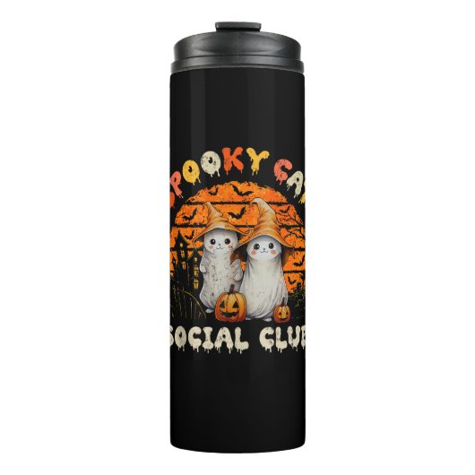 Spooky Cat Social Club Boo Ghost Rotzunge Schwarze Thermosbecher (Vorderseite)