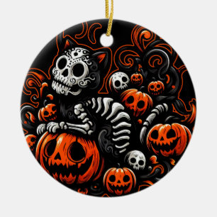 Spooky Cat und Pumpkins Keramik Ornament