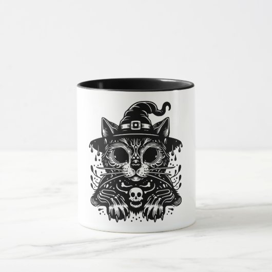 Spooky Cat Wearing Hexenhut Halloween-Tasse Tasse (Zentrum)