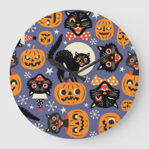 Spooky Cats Pumpkins Lila Muster Große Wanduhr